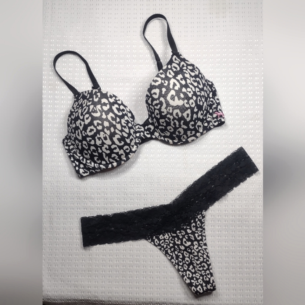 VS Pink leopard print and hot pink bra and panty set.